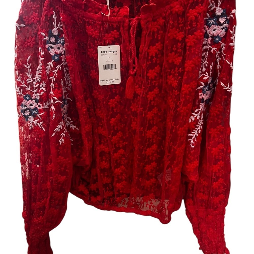 Free People Embroidered Red sheer jubilee top sz M - Picture 2 of 8